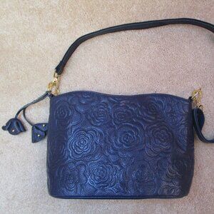 Navy Leather Handbag Embossed w/ Camellia Pattern